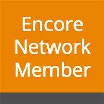Encore Network Member logo - text on orange background with dark grey bar at the bottom.